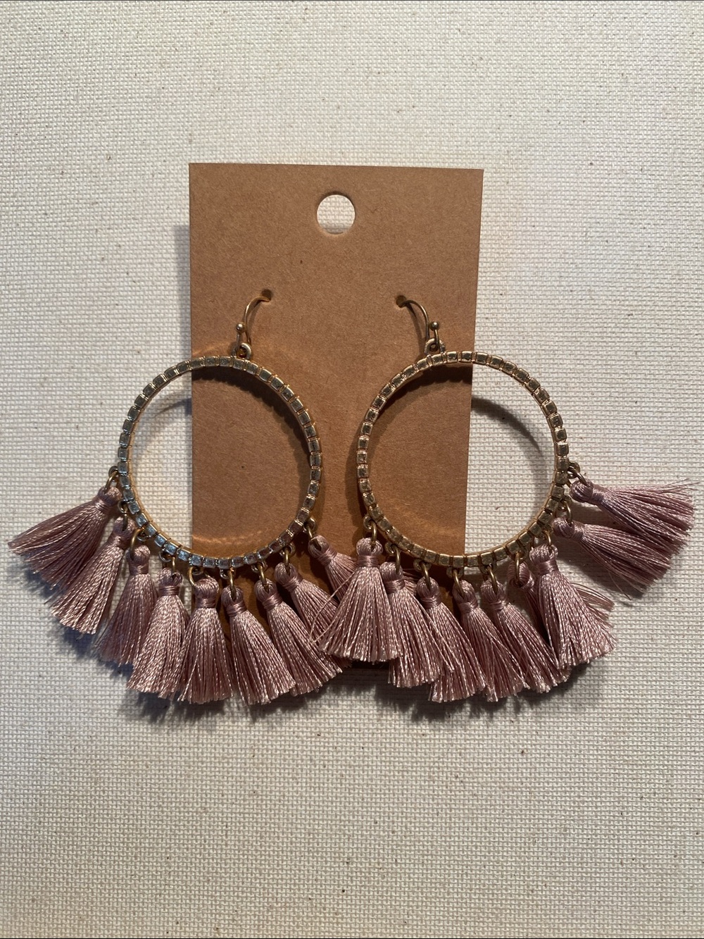 Gold Hoop Tassel Earrings in Mauve Pink